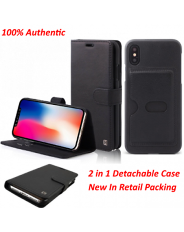 Uunique London For iPhone X & XS Genuine Leather Folio Wallet 2 In 1 Black Case
